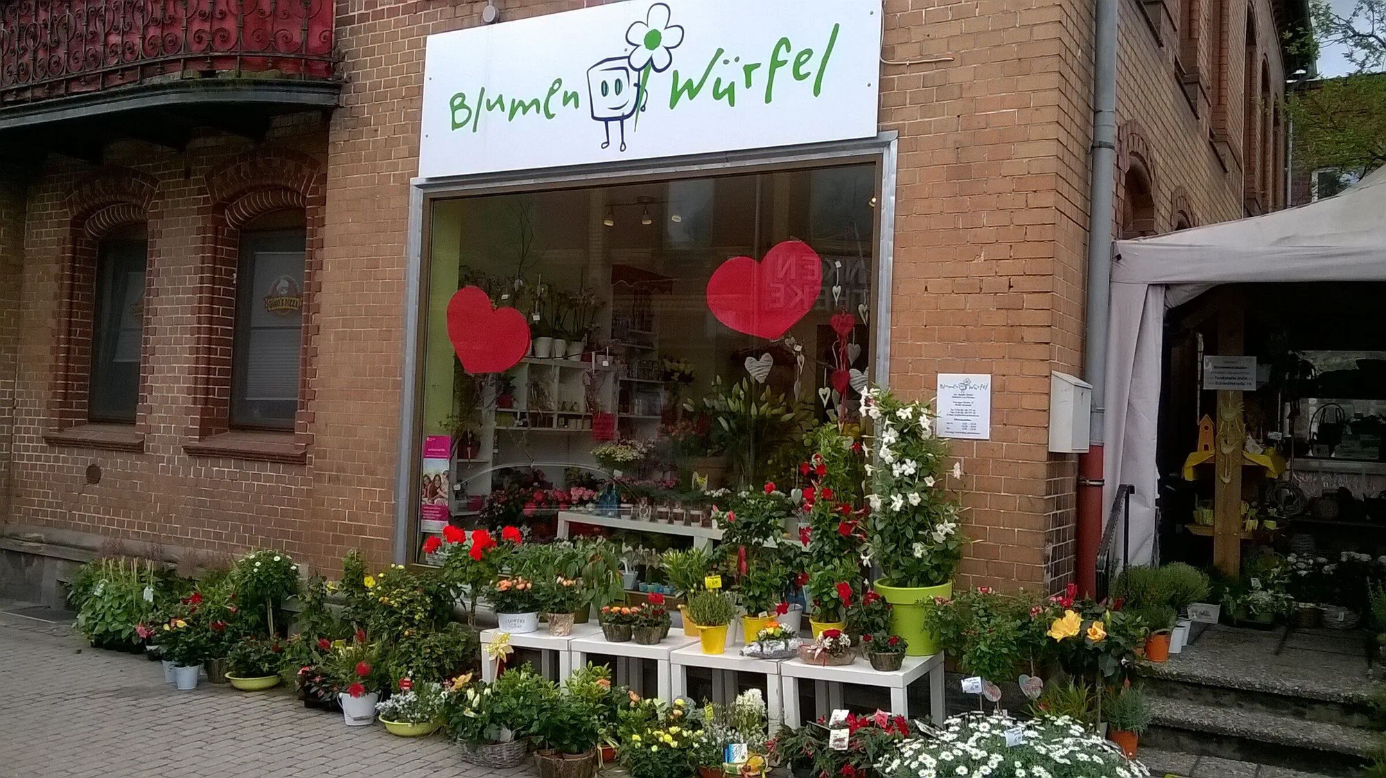 Das Blumengeschäft Blumen-Würfel in der Coburger Straße mit Pflanzen vor dem Schaufenster